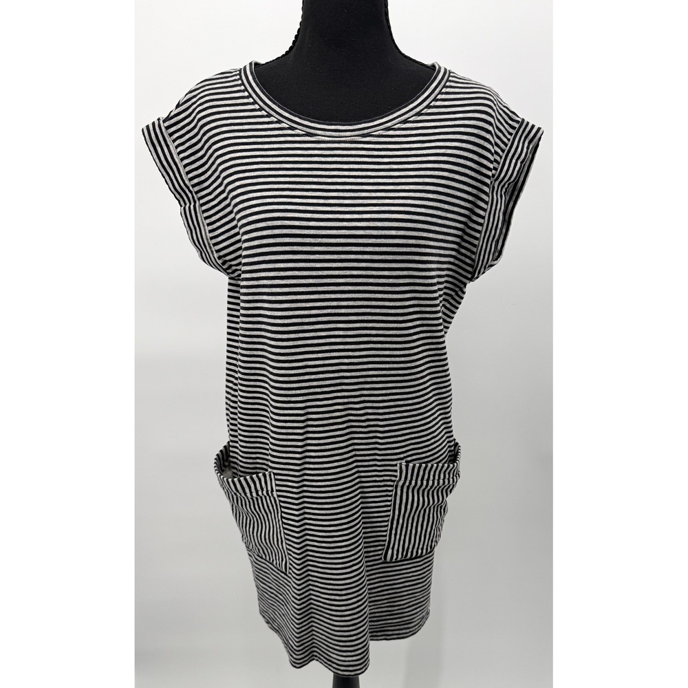 Athleta Striped Tunic Dress Women Small Gray Black Good Cap Sleeve Pockets